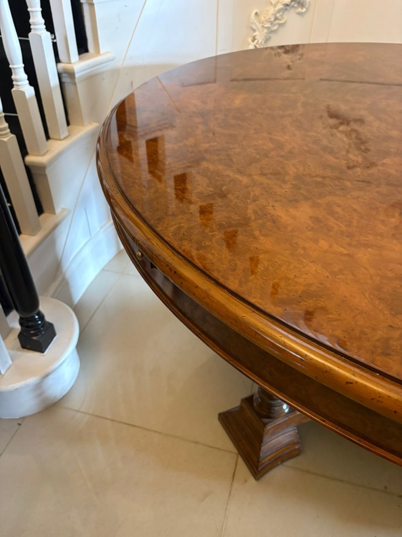 Antique Exceptional Quality Burr Walnut Circular Extending Dining Table Seating 10 with Radial Leaves & Matching Burr Walnut Leaf Holder - Image 17